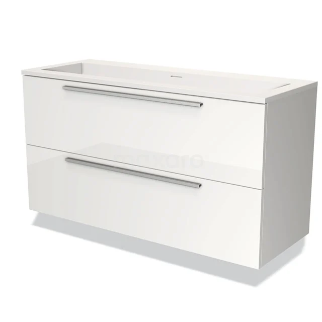 Witte badmeubelset met twee lades, strak design en metalen handgrepen, perfect voor moderne badkamerinrichting.