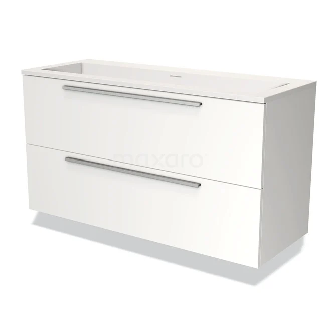 Wit badkamermeubel met twee brede lades, glanzende afwerking en minimalistisch design, ideaal voor moderne badkamers.