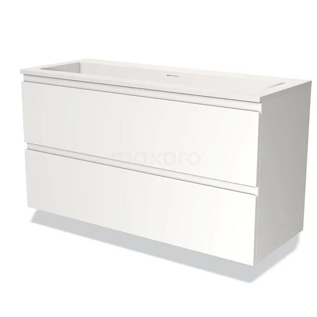 Wit wastafelmeubel met twee brede lades, strak design, perfect voor moderne badkameropslag.