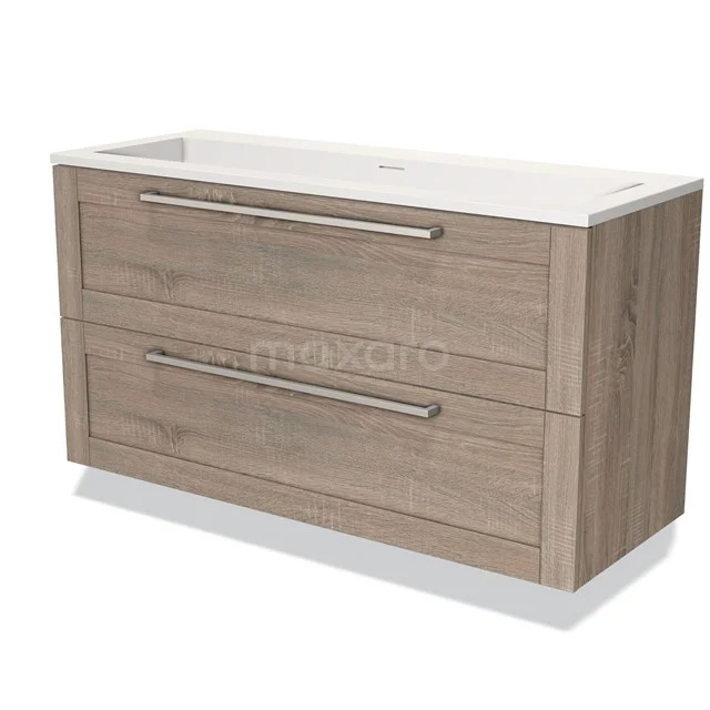 Houten badkamermeubel met dubbele lades, eikenlook afwerking en keramische wastafel, ideaal voor moderne badkamer inrichting.
