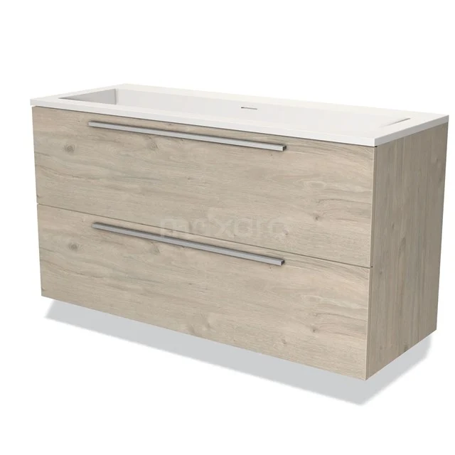 Wooden bathroom unit with two drawers, light oak finish, wide design, with white basin and chrome handles.