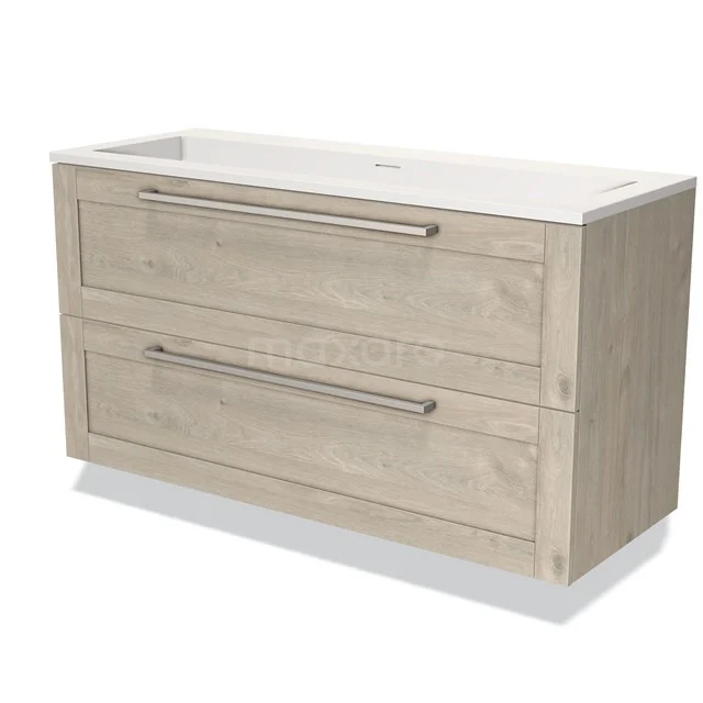 Houten badkamermeubel met twee lades, modern design, licht eiken kleur en keramische wastafel in een praktische set.