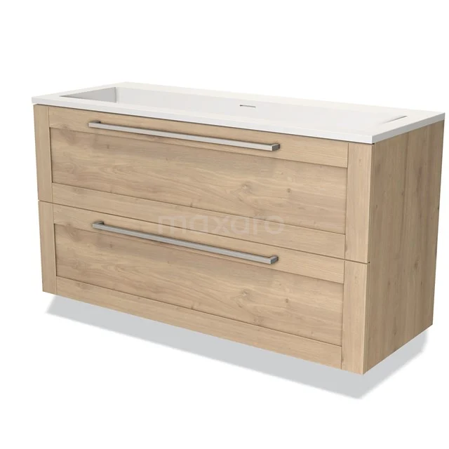 Houten badkamermeubel met twee lades en witte wastafel, moderne afwerking, ideaal voor stijlvolle badkameropslag.
