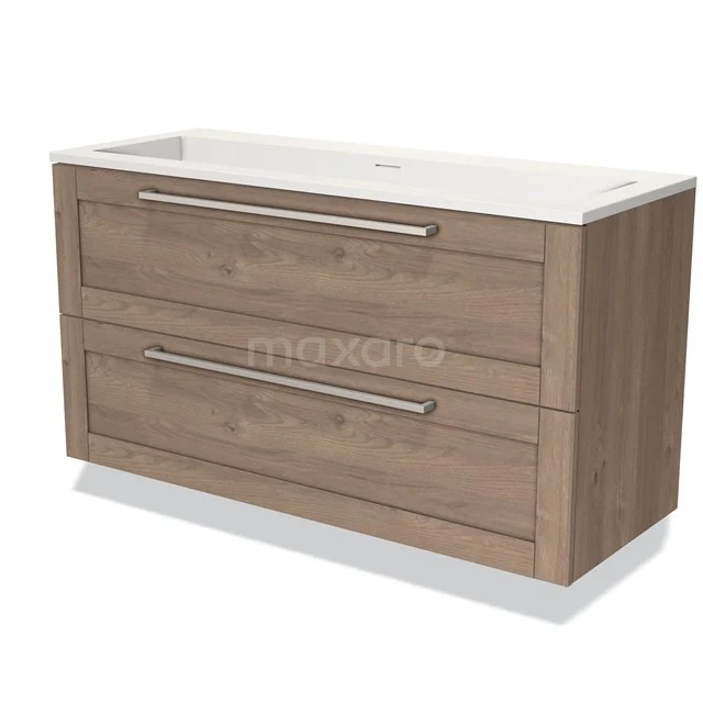 Houten badkamermeubel met twee lades, wastafelblad van keramiek en moderne handgrepen, ideaal voor stijlvolle badkamers.