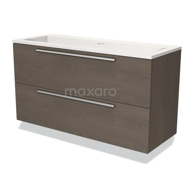Modern bathroom unit with two drawers, dark wood look and white ceramic basin; stylish and functional design.