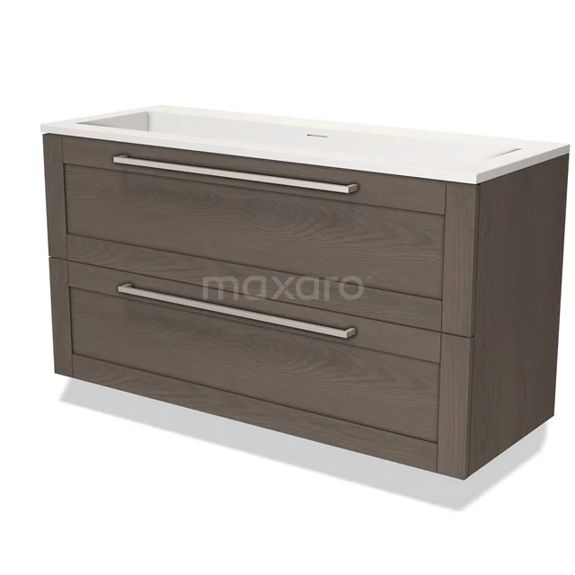 Houten badkamermeubel met dubbele lades, modern design, voorzien van witte wastafel, ideaal voor stijlvolle badkameropslag.