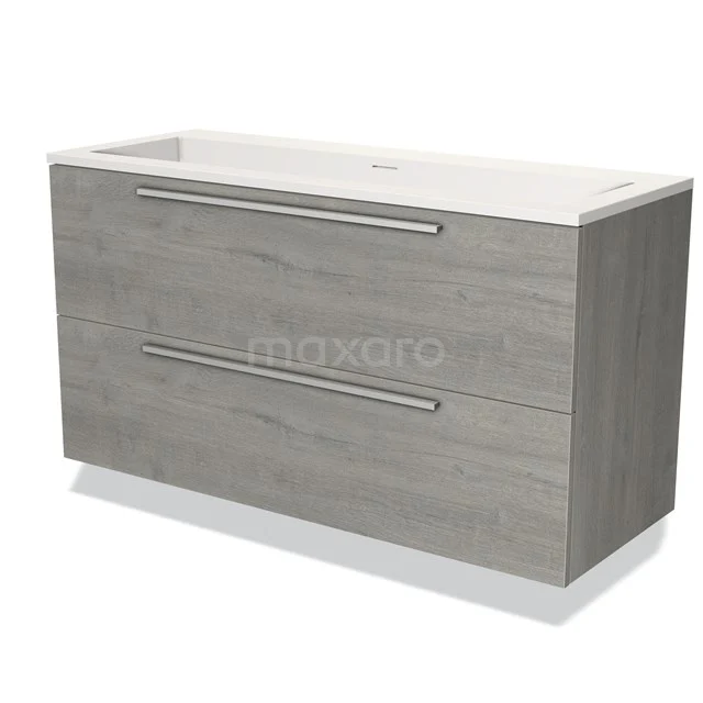 Grijze houten badkamermeubel met dubbele lade, moderne handgrepen en witte wastafel; ideaal voor stijlvolle badkameropslag.