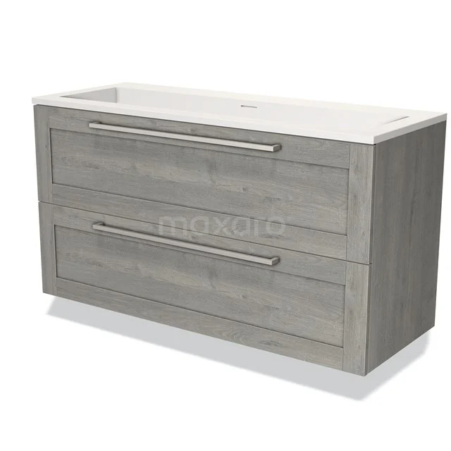Houten badmeubel met dubbele lade, grijze houtlook, wit keramische wastafel, ideaal voor moderne badkamerstijl.