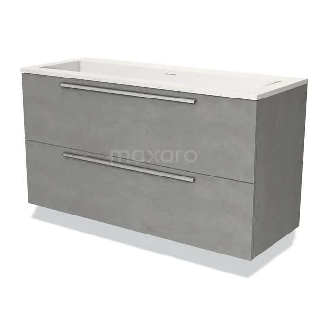 Grijze badkamerkast met wastafel, strak design, twee lades en metalen handgrepen, ideaal voor moderne badkameropslag.