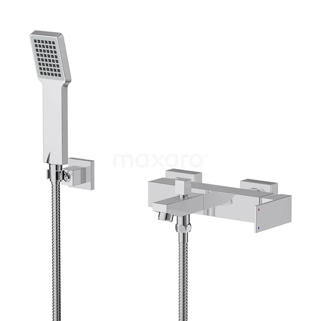 Square chrome shower valve with handheld shower, modern design, ideal for a stylish bathroom.