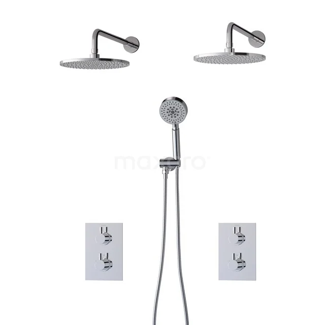 Grau matt Duschset mit zwei runden Regenduschen, Handbrause und Einbau-Thermostat; stilvolles Design für das moderne Badezimmer.