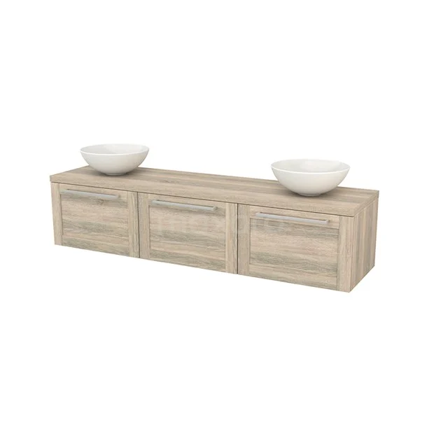 Wooden bathroom unit with 3 drawers, natural finish and double white vanity units for countertop wash basins, ideal for a modern bathroom.