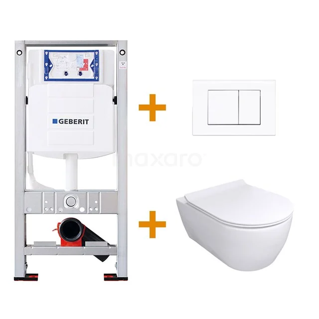 Flush-mounted toilet set 300.0372 + Sigma UP320 911013520 Built-in toilet set: white wall hung toilet, frame by Geberit, with flush plate; perfect for a modern bathroom.