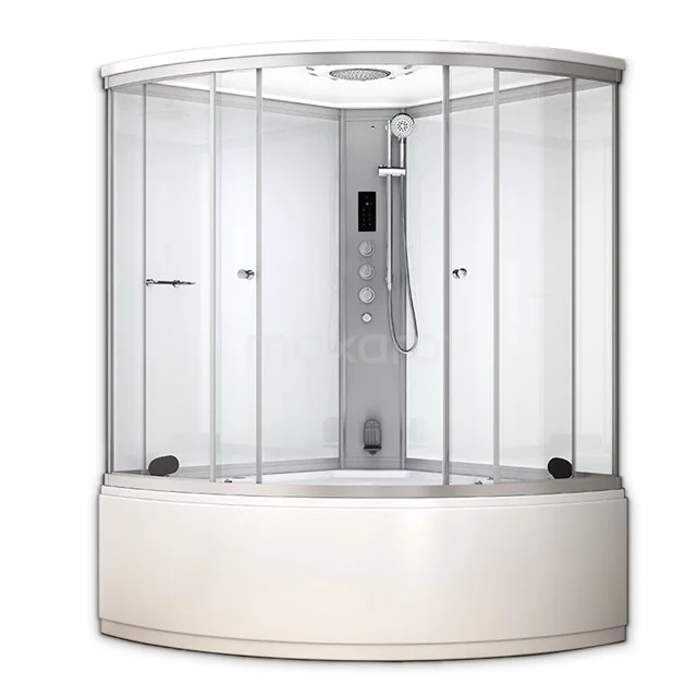 Modera Dampfkabine mit Badewanne | 150x150 cm Weiß Glas Schiebetür Viertelrunde AK1515-610110 Stilvolle Ecke-Duschkabine mit gebogenen Glaswänden, weißem Rahmen und eingebauter Regendusche; ideal für luxuriöse Bäder.