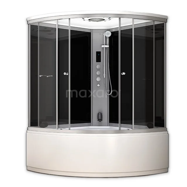 Corner shower cabin with black glass and white base, equipped with hydromassage system and rain shower, ideal for luxury bathrooms.