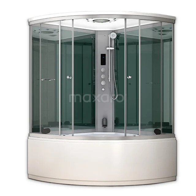 Spacious round shower enclosure with glass walls, built-in rain shower and digital controls, perfect for modern bathrooms.