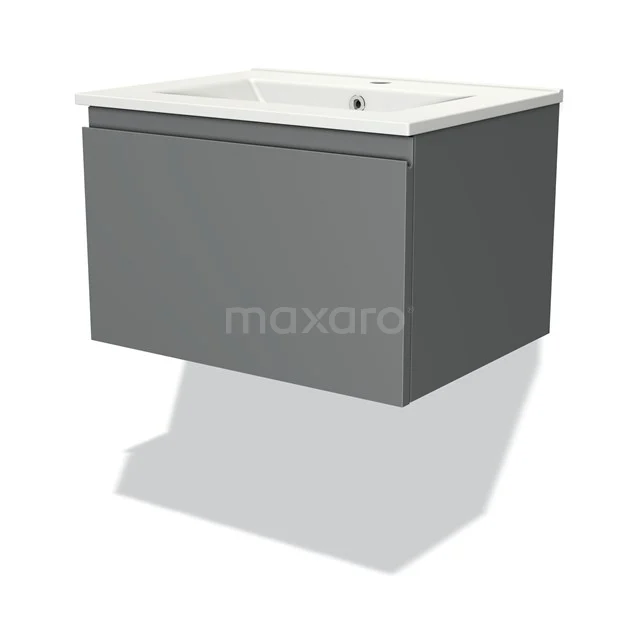 Graues hängendes Badmöbel mit weißem keramischen Waschbecken, modernes Design und klare Linien, ideal für kompakte Nutzung.