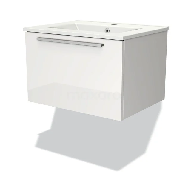 Badmöbel 60cm Modulo Hochglanz Weiß 1 Schublade Flaches Waschbecken aus Keramik BMW11-02887 Weißes hängendes Badmöbel mit glänzender Oberfläche und integriertem Schublade, ideal für einen modernen Badezimmerstil.