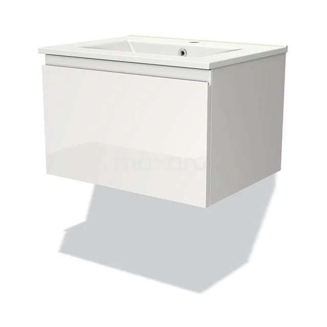 Weißes hängendes Badmöbel mit Softclose-Schublade, glänzender Oberfläche und Waschbecken; ideal für kompakte, moderne Bäder.