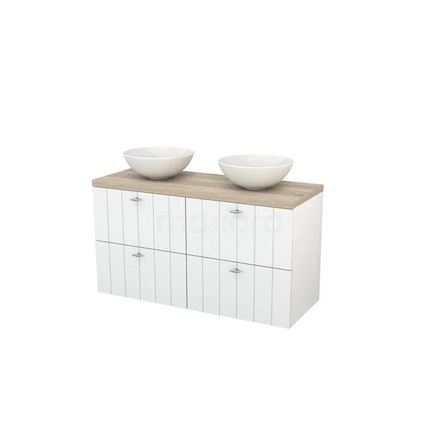 Modulo+ Plato Badmöbel mit Aufsatzwaschbecken | 120 cm Hochglanz Weiß Lamelle front Eiche blatt 4 Schubladen BMK002539 Weißes Badezimmermöbel mit Holzlook Platte, doppelte Aufsatzwaschbecken und vier Schubladen, ideal für stilvolle Badezimmeraufbewahrungslösungen.