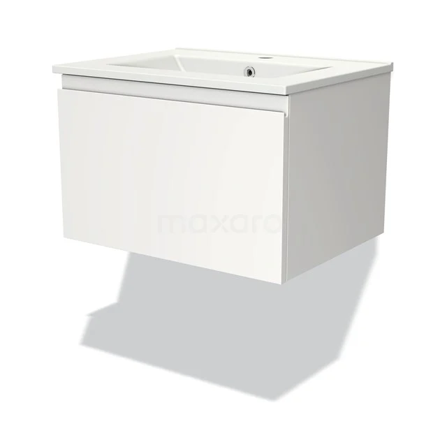 Weißes hängendes Badmöbel mit integriertem Waschbecken, modernes Design und klare Linien, perfekt für ein minimalistisches Badezimmer.