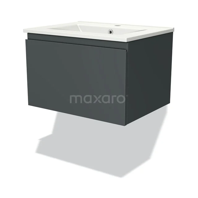 Modulo Waschtische | 60 cm Dunkelgrau Grifflos front Keramik 1 Schublade BMW11-02895 Dunkelgrauer schwebender Badschrank mit weißem Waschbecken, funktionales Design, ideal für moderne Badezimmergestaltung.