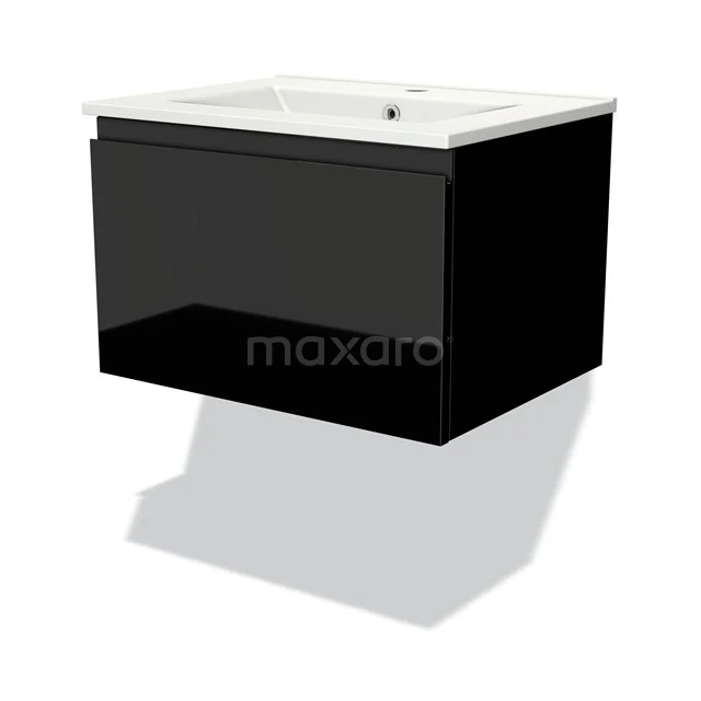 Black suspended vanity units with basin in white, modern design and glossy finish for stylish bathroom fittings.