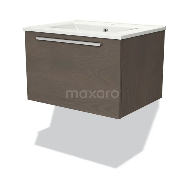 Wooden bathroom unit with drawer, wall-mounted, white ceramic basin and modern look.