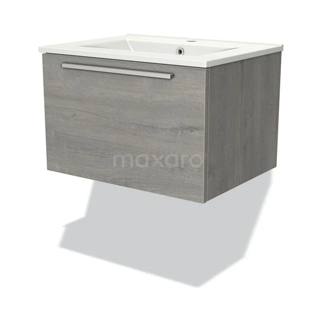 Grey wooden vanity unit with white ceramic sink, compact design and modern look for the bathroom.