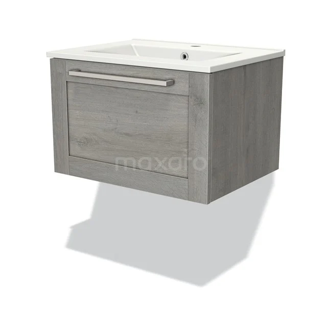 Wooden bathroom unit with grey wood grain, built-in white vanity units with basin and metal handle, ideal for modern bathrooms.
