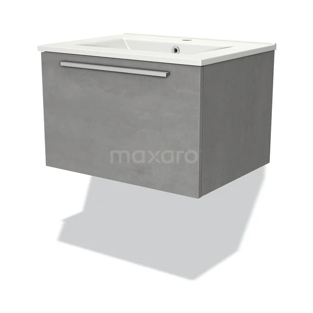 Grijze badkamerkast met wastafel, betonnen look, zwevend design, enkele lade en chromen handgreep.