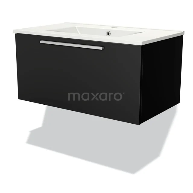 Zwarte zwevende badkamermeubel met brede lade en witte wastafel, modern design van duurzaam houtmateriaal.