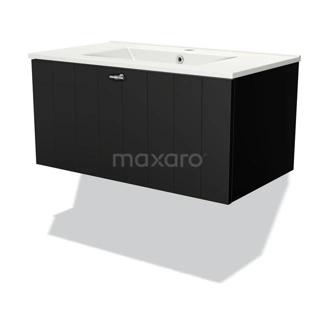 Modulo Bathroom furniture with sink | 80 cm Matte black Slat front Ceramic 1 drawer BMW11-02914 Black hanging bathroom cabinet with white basin worktop, modern design, soft-close drawers, ideal for stylish bathroom design.