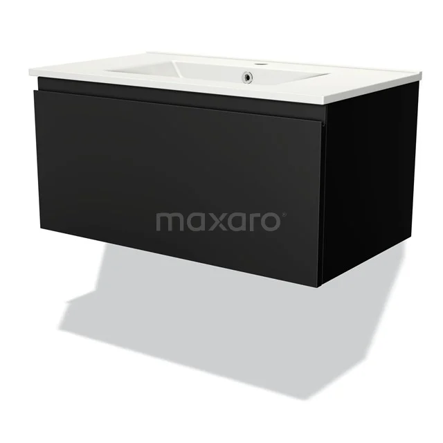 Black wall-mounted vanity unit with integrated white basin, perfect for a modern bathroom style.