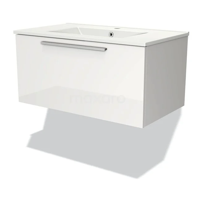 White hanging bathroom unit with one tap hole, sleek design and chrome handle, ideal for modern bathrooms.