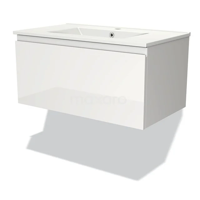 Weißes hängendes Badmöbel mit glänzender Oberfläche, integriertem Waschbecken und minimalistischem Design aus der Elegance-Serie.