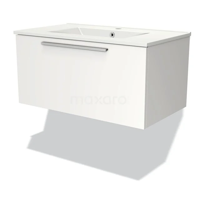 White hanging bathroom unit with rectangular sink, minimalist design, fitted with metal handle.
