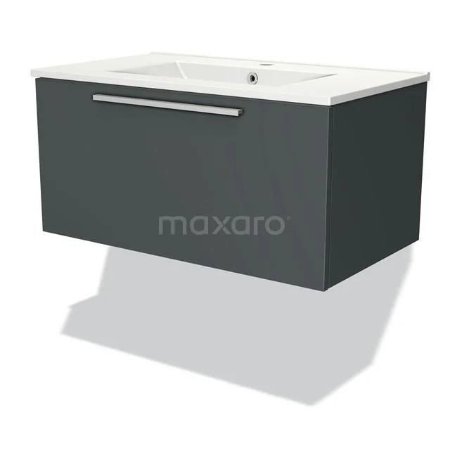 Badmöbel 80cm Modulo Dunkelgrau 1 Schublade Flaches Waschbecken aus Keramik BMW11-02925 Graues hängendes Waschtisch mit keramischem Waschbecken, schlankes Design, ideal für moderne Badezimmergestaltung.