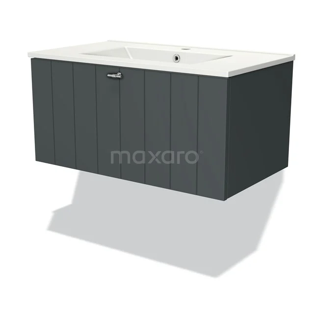 Dunkelgrau hängendes Badezimmermöbel mit einem keramischen Waschbecken und modernen vertikalen Linien für ein schlankes und stilvolles Design.