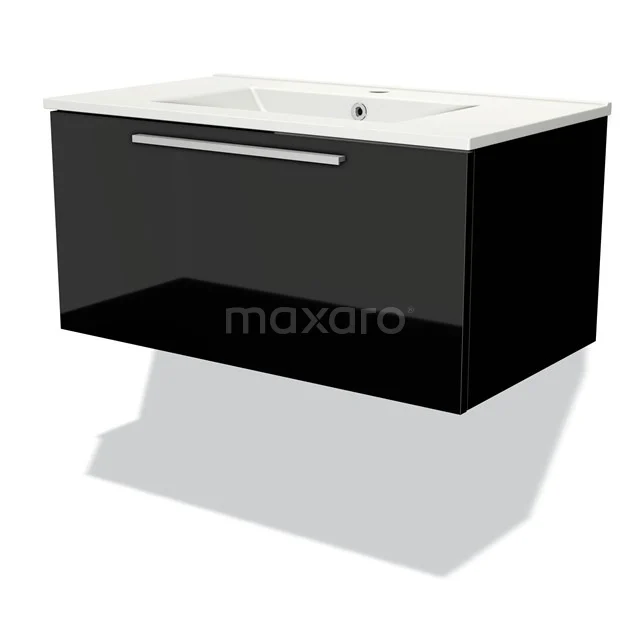 Floating black bathroom unit with glossy finish, one drawer and integrated vanity units with basin made of ceramic.
