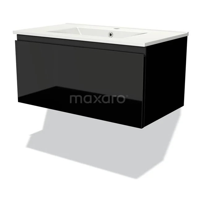 Modulo Vanity units with basin | 80 cm High-gloss black Handle-less front Ceramic 1 drawer BMW11-02930