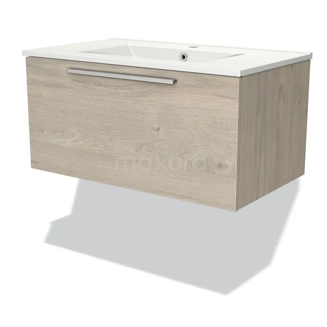 Modern suspended bathroom unit in light oak with white ceramic vanity units with basin and integrated metal handle.
