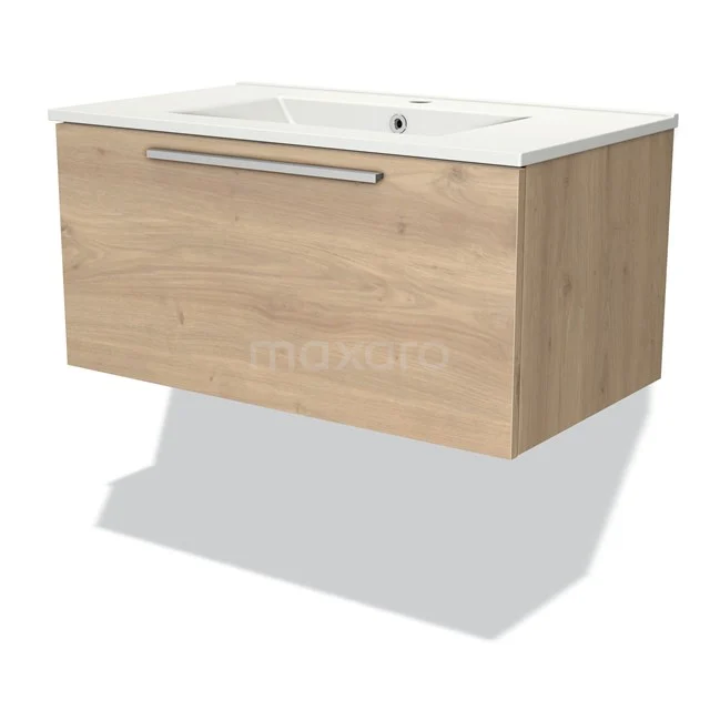 Holz Badezimmermöbel mit modernem Design, hängendes Modell, weißem Waschbecken und silberfarbenem Griff. Perfekt für ein stilvolles Badezimmer.