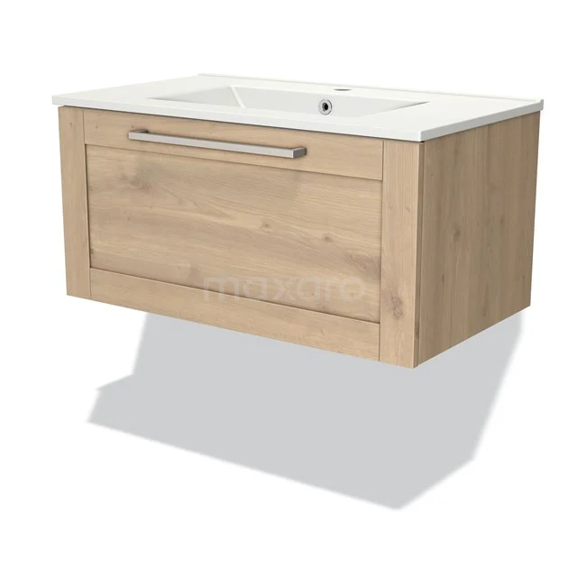 Holz schwebendes Badezimmermöbel mit integriertem Waschbecken, Eichenoptik, modernes Design und Softclose-Schublade.