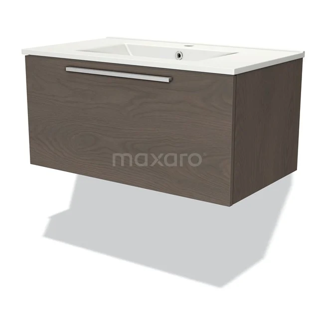 Wooden floating bathroom unit with modern vanity units with basin, dark brown design and sleek chrome handle.
