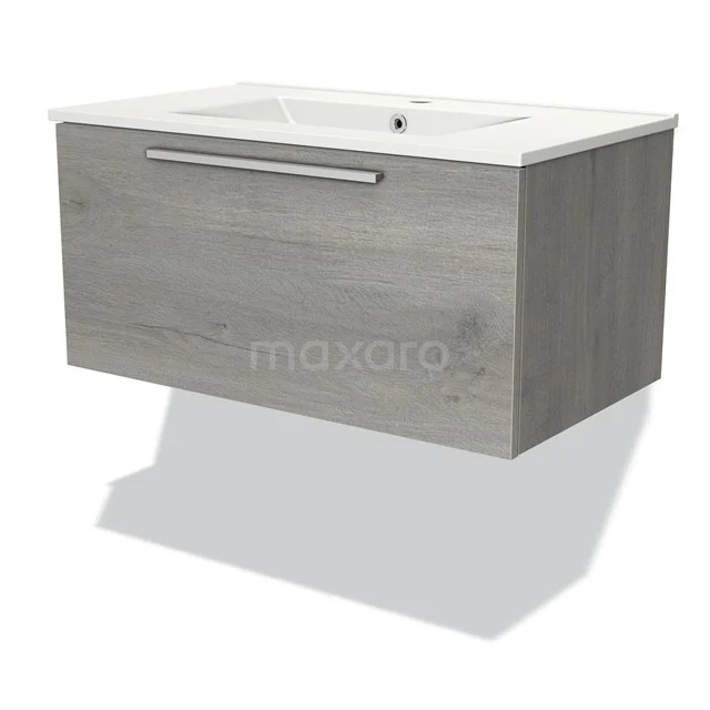 Modulo Vanity units with basin | 80 cm Grey oak Flat front Ceramic 1 drawer BMW11-02941