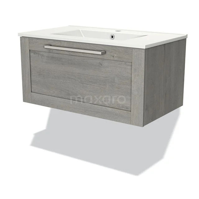 Grauer hängender Badschrank mit Holzoptik, integrierter weißer Waschbecken, metallischem Haltegriff und modernem Design.