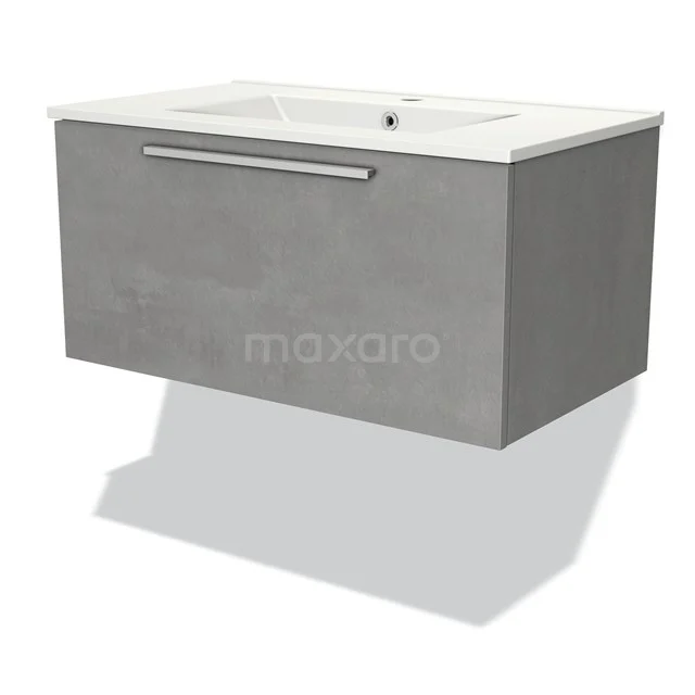 Grey hanging bathroom unit with concrete look, sleek design and white vanity units with basin, ideal for a modern bathroom.
