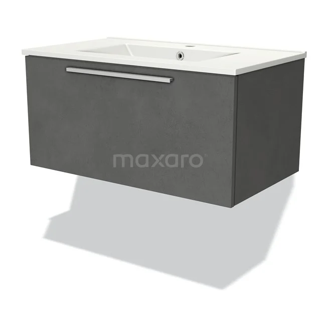 Graues schwebendes Badmöbel mit keramischem Waschbecken, schlankem Design und metallischem Griff, perfekt für moderne Bäder.