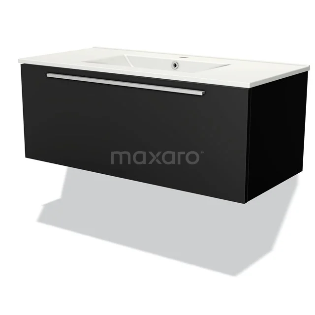 Schwarzes wandmontiertes Badmöbel mit weißer keramischer Waschtischplatte und schickem Haltegriff, modernes Design.